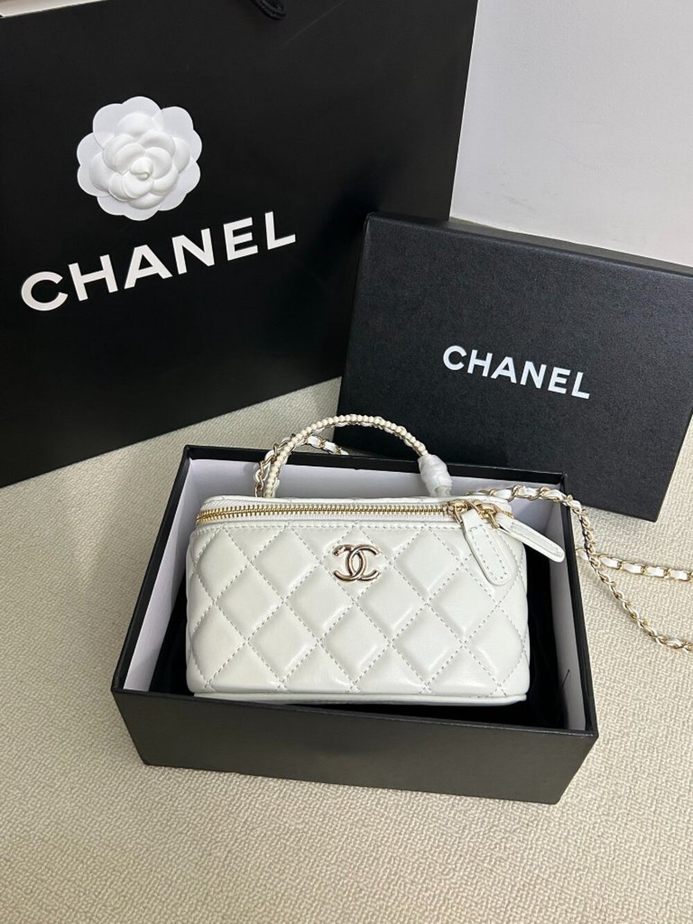 Chanel White Quilted Lambskin Pearl Handle Vanity Case Crossbody Bag